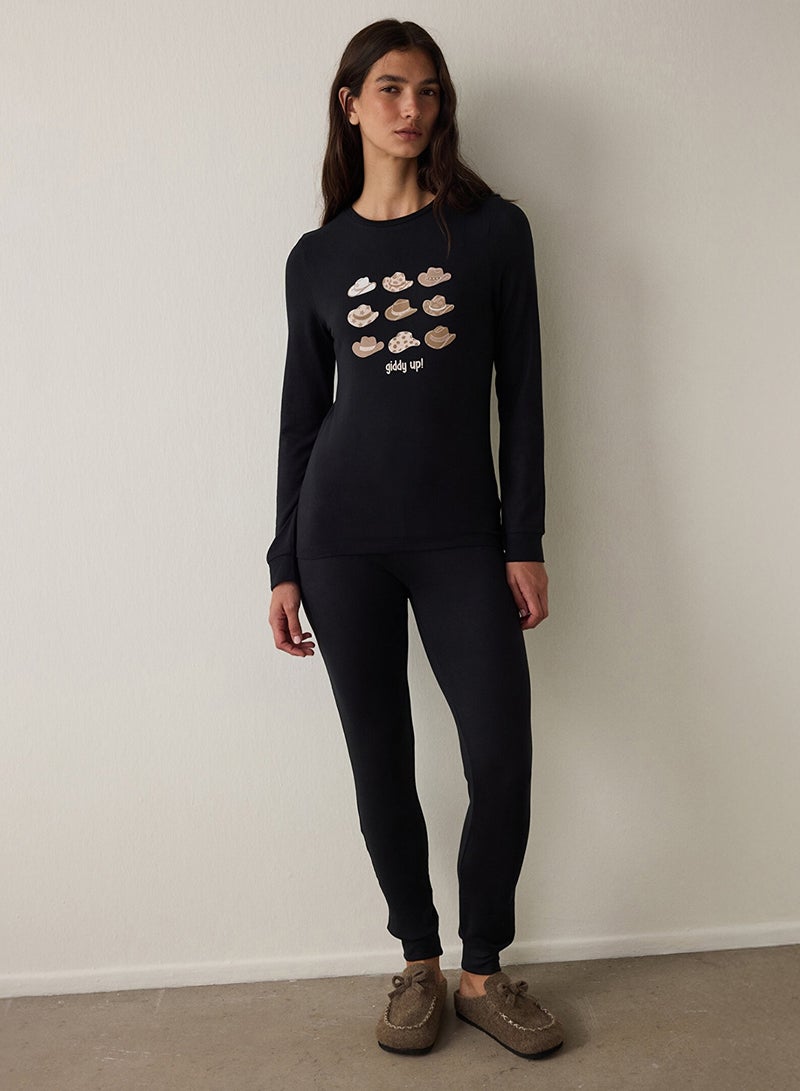 Penti Black Lana Slogan Printed Crew Neck Pajama Set - Image 1